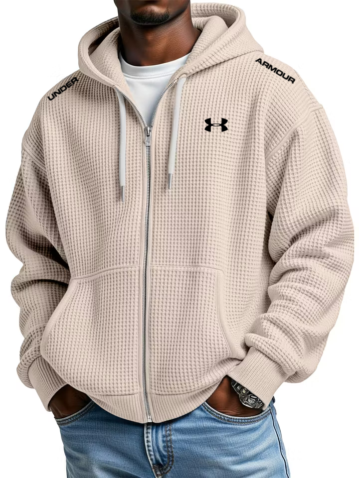 Men's cotton waffle knit casual sports hooded jacket