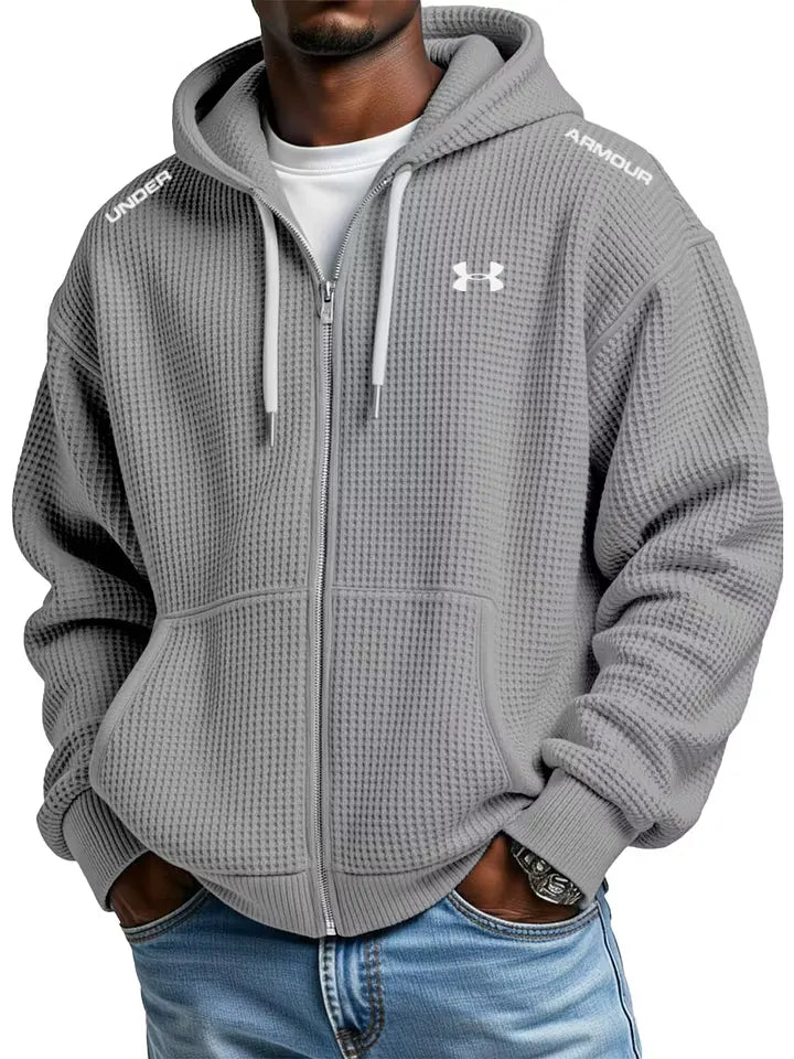 Men's cotton waffle knit casual sports hooded jacket