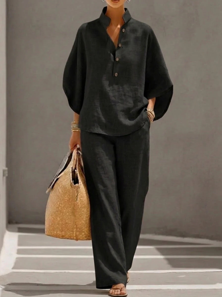 Women's Linen V-Neck 2-Piece Set - Batwing Sleeve Top & Wide Leg Pants