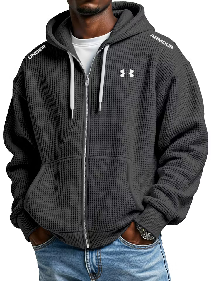 Men's cotton waffle knit casual sports hooded jacket
