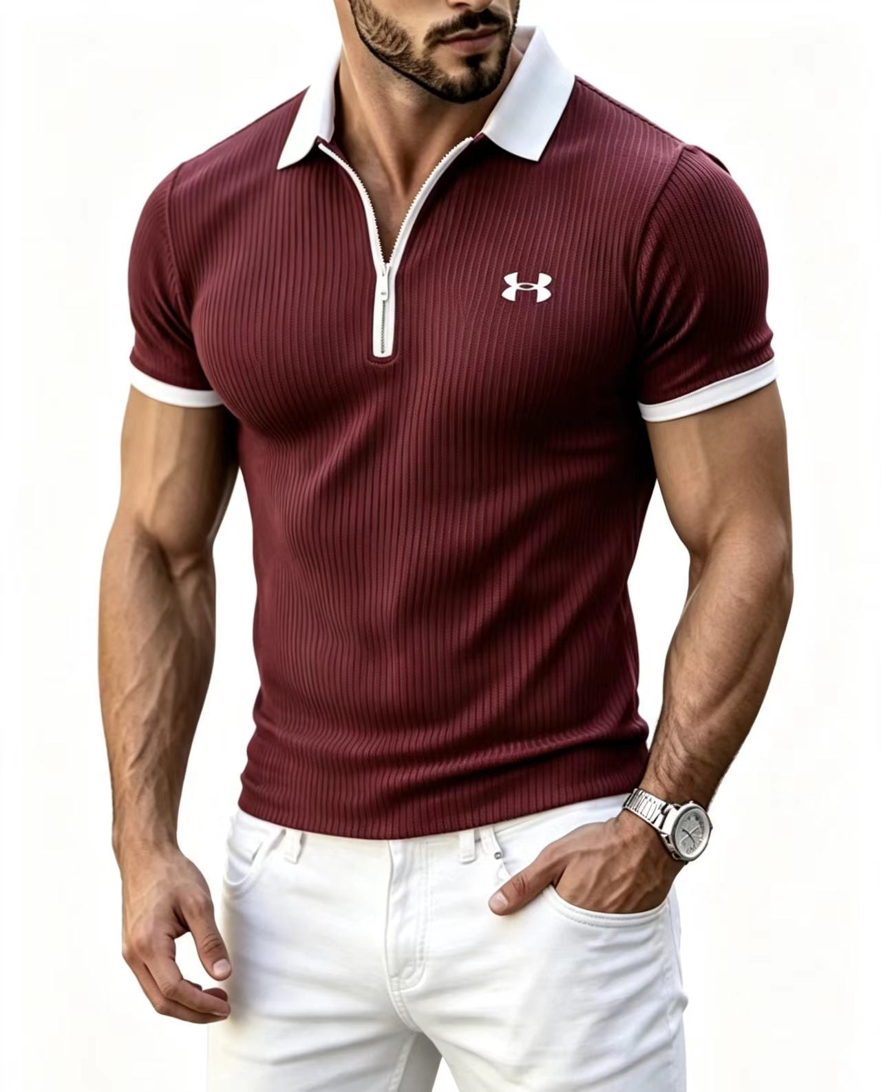 Men Half Zip Ribbed Polo Shirt