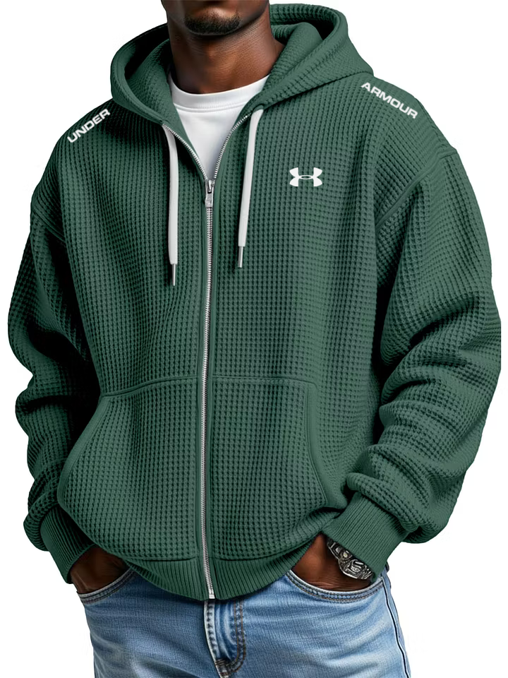 Men's cotton waffle knit casual sports hooded jacket