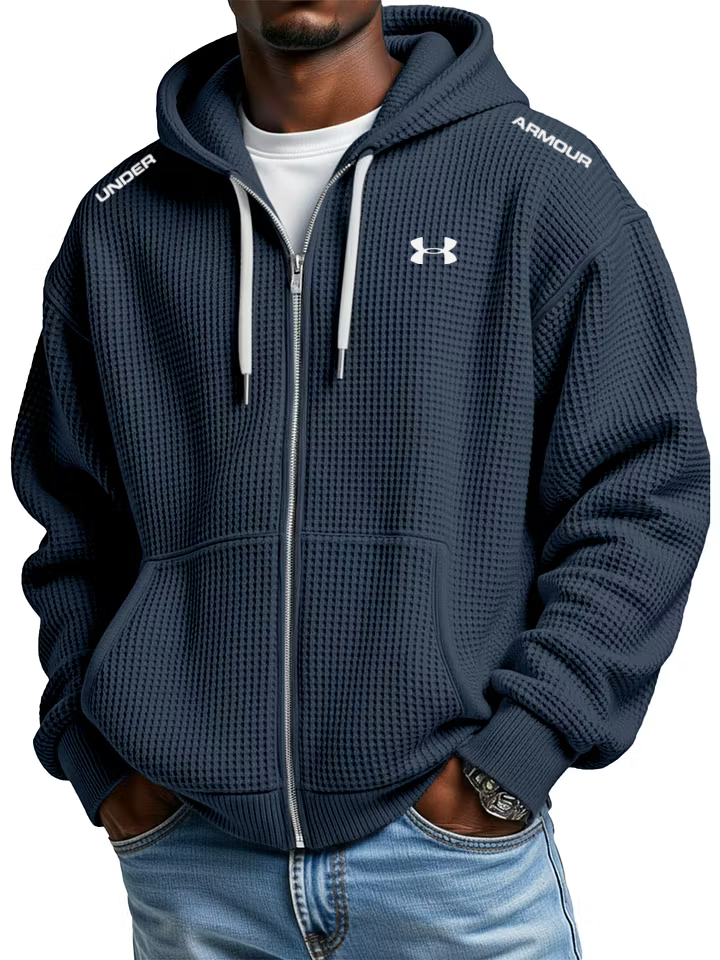 Men's cotton waffle knit casual sports hooded jacket
