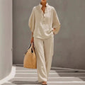 Women's Linen V-Neck 2-Piece Set - Batwing Sleeve Top & Wide Leg Pants