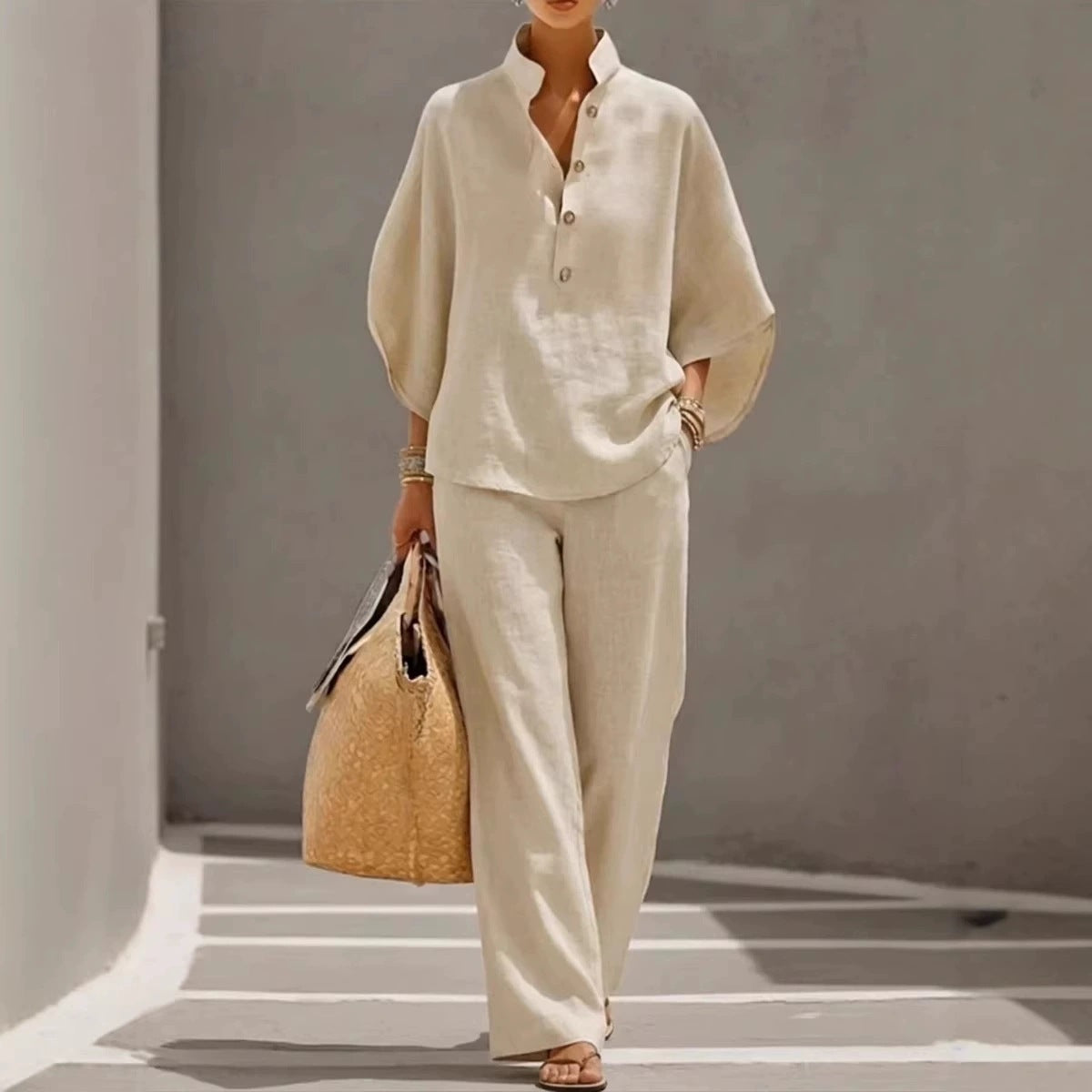 Women's Linen V-Neck 2-Piece Set - Batwing Sleeve Top & Wide Leg Pants