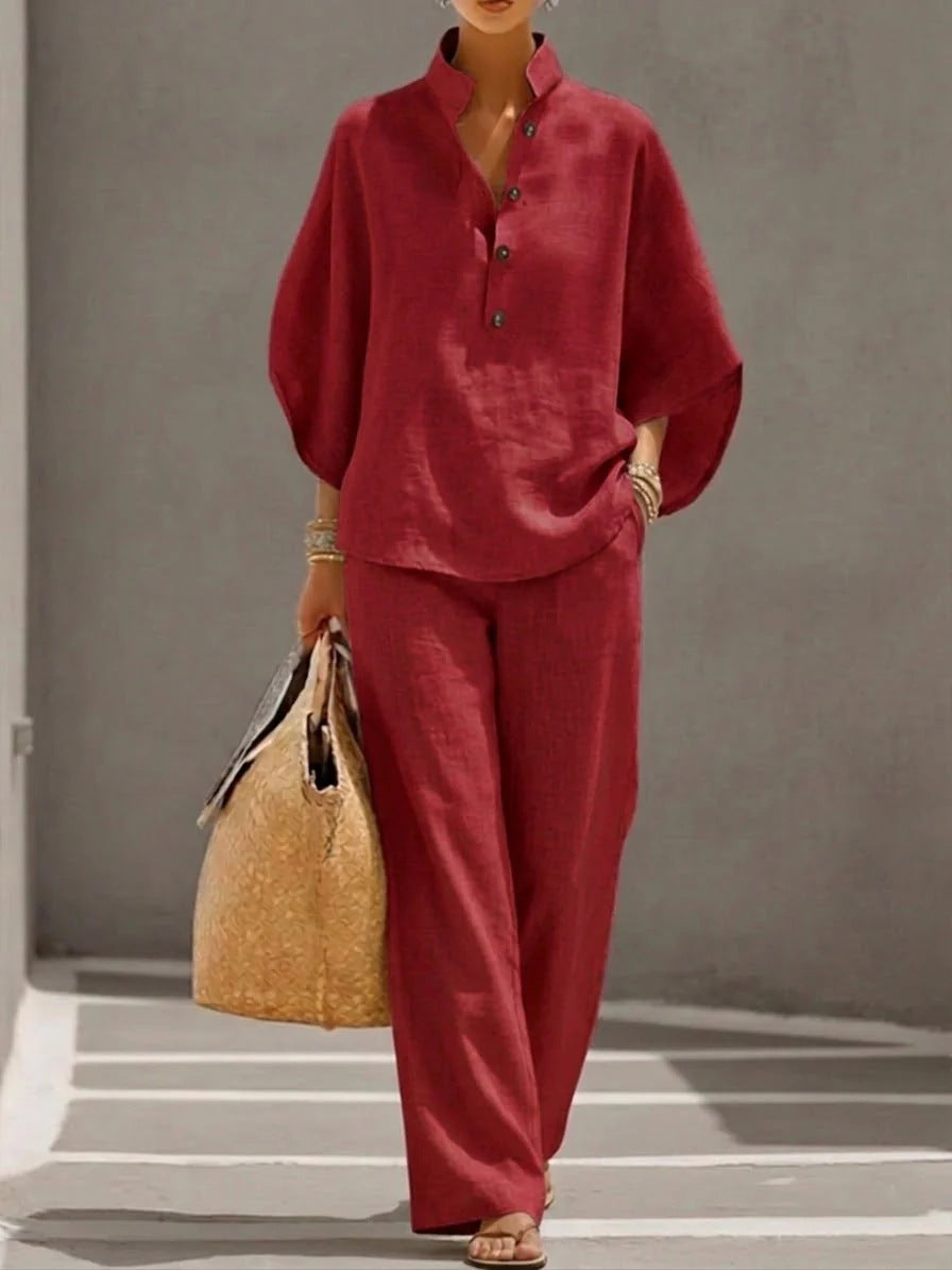 Women's Linen V-Neck 2-Piece Set - Batwing Sleeve Top & Wide Leg Pants