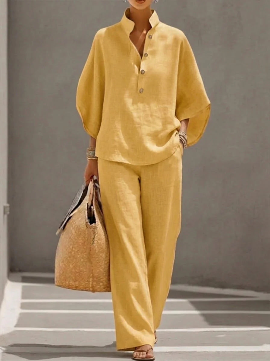 Women's Linen V-Neck 2-Piece Set - Batwing Sleeve Top & Wide Leg Pants